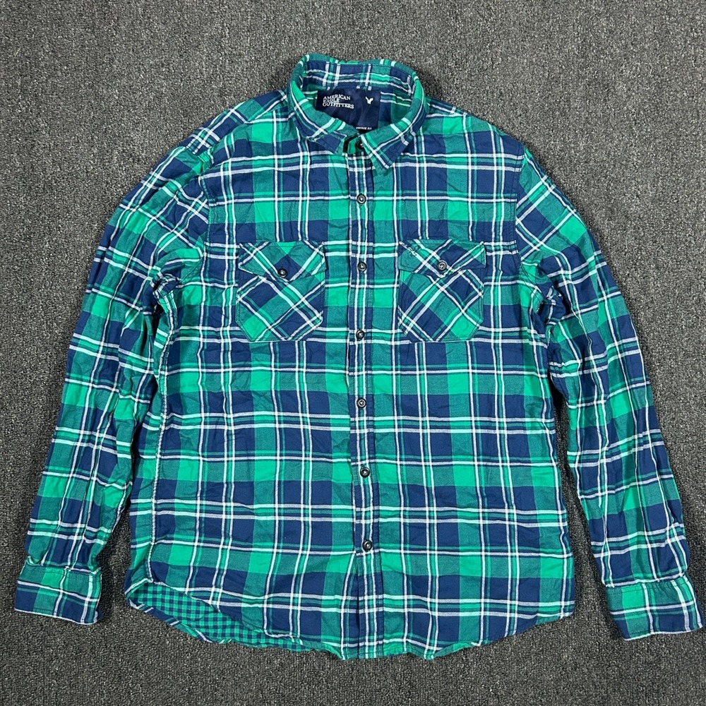American Eagle Plaid Shirt Mens XL Green Navy Blue Excellent Vintage Fit Cotton